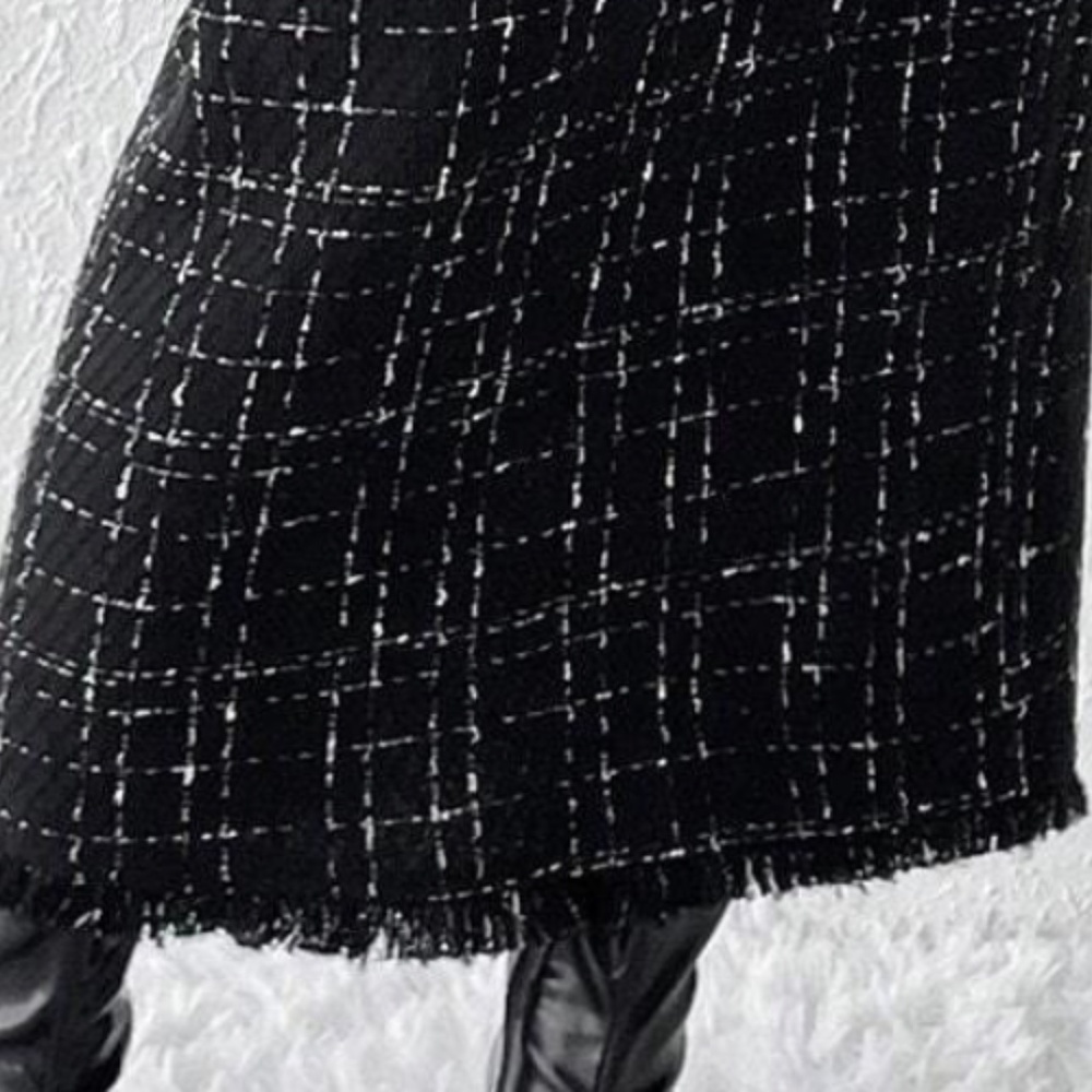 Classic Tweed Button Crop Jacket Midi Frayed Hem Skirt Set - Picture 9 of 10